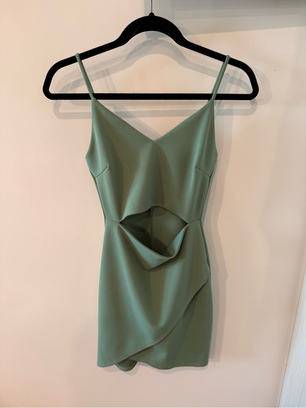 American Threads Sage Green Spaghetti Strap Cutout Mini Dress